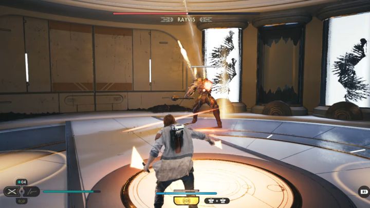 Try to stay in melee range, as otherwise the boss may use a difficult to mitigate rocket barrage - Jedi Survivor: How to defeat Rayvis (Republic Research Laboratory)? - Bosses - Star Wars Jedi Survivor guide