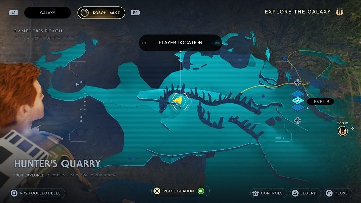 From the location of the Force Tear, once again use the baloons to reach an opposite hill (the one with large bones) - Jedi Survivor: Hunters Quarry - list of secrets - Koboh - Star Wars Jedi Survivor guide