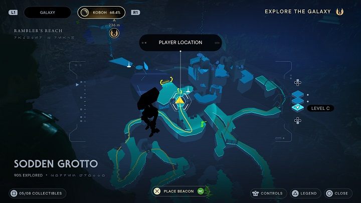 Go back to the area where the burrowing droid was earlier and proceed in the direction of the lighted passage where water falls from above - Jedi Survivor: Sodden Grotto - list of secrets - Koboh - Star Wars Jedi Survivor guide