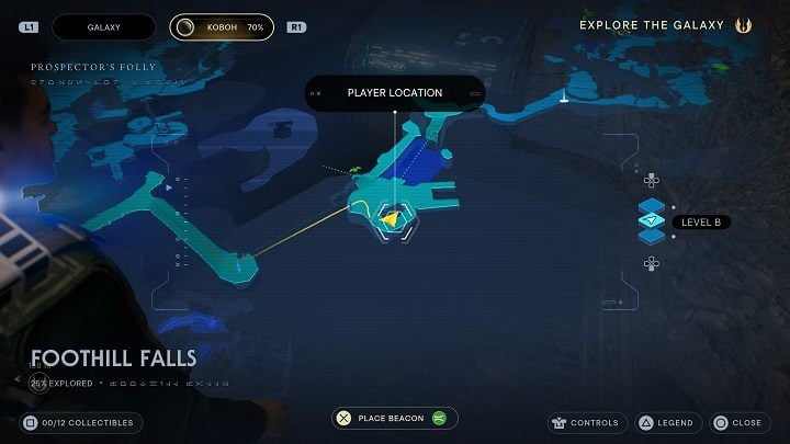 Use the line found next to Prospector to reach the other side - Jedi Survivor: Foothilll Falls - list of secrets - Koboh - Star Wars Jedi Survivor guide