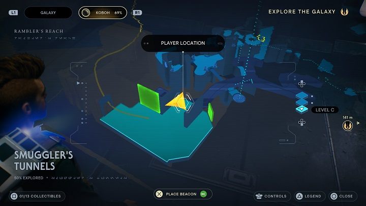 To the right of the green barrier lies a Priorite Shard - Jedi Survivor: Smugglers Tunnels - list of secrets - Koboh - Star Wars Jedi Survivor guide