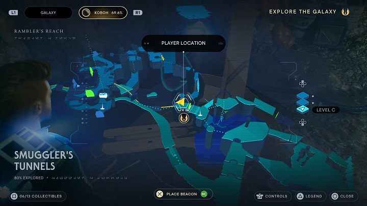 On the way to the next secret, you must perform some acrobatics - get through a series of green barriers and do a wall run - Jedi Survivor: Smugglers Tunnels - list of secrets - Koboh - Star Wars Jedi Survivor guide