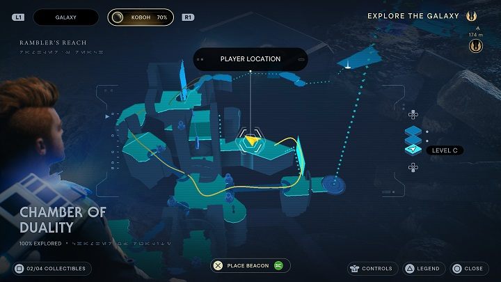 If you look to the left from the essence mentioned above, you may notice a chest on a ledge a little lower down - Jedi Survivor: Chamber of Duality - list of secrets - Koboh - Star Wars Jedi Survivor guide