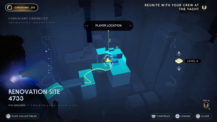 The secret is in a dark location, which you will reach after completing two wall runs - Jedi Survivor: Renovation Site 4733 on Coruscant - list of secrets - Coruscant - Star Wars Jedi Survivor guide