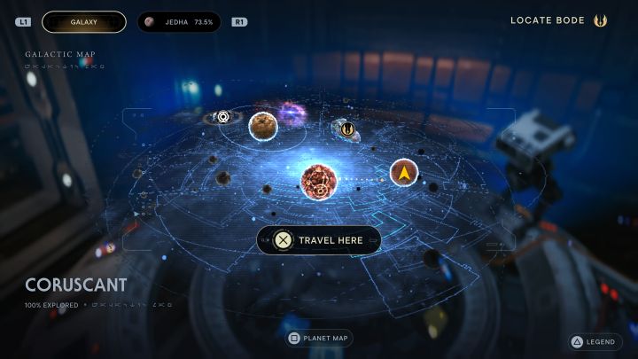 The percentage indicator can also appear when you hover over a planet or other major location on the galaxy map - Star Wars Jedi Survivor: How to complete a planet in 100%? - Explore - Star Wars Jedi Survivor guide