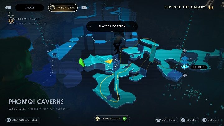 Near the previous collectible there is a wall, which you can climb to get to a window with a green barrier - Jedi Survivor: PhonQi Caverns - list of secrets (part 2) - Koboh - Star Wars Jedi Survivor guide