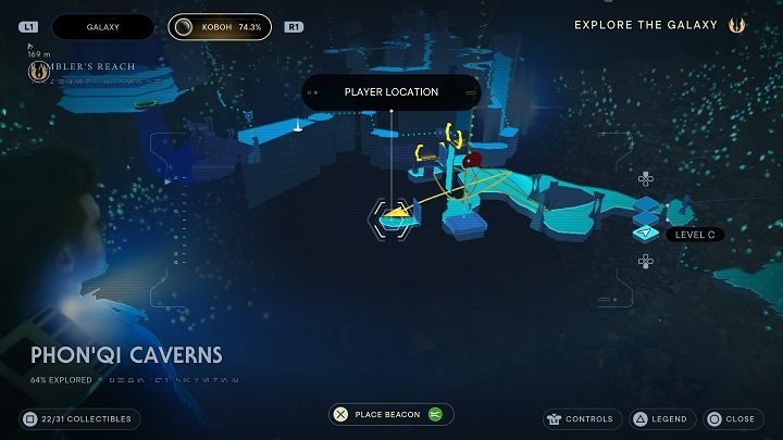 Go back to the elevator and jump down - remember to hit the barrier using the Dash skill - Jedi Survivor: PhonQi Caverns - list of secrets (part 2) - Koboh - Star Wars Jedi Survivor guide