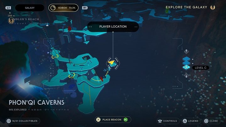 In the location where you picked up the previous collectible, use the hookto get to the top - Jedi Survivor: PhonQi Caverns - list of secrets (part 1) - Koboh - Star Wars Jedi Survivor guide