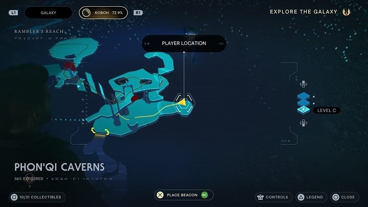 Go back upstairs and locate the boulder under the ceiling (across from the pit that you've just got out of) - drop it with a Slam and it will open a passage to the bottom - Jedi Survivor: PhonQi Caverns - list of secrets (part 1) - Koboh - Star Wars Jedi Survivor guide