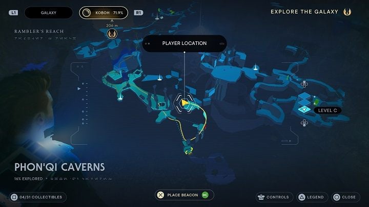 Use a hook to get to the wall above you, then jump to the one on the left - you will get to a high ledge - Jedi Survivor: PhonQi Caverns - list of secrets (part 1) - Koboh - Star Wars Jedi Survivor guide