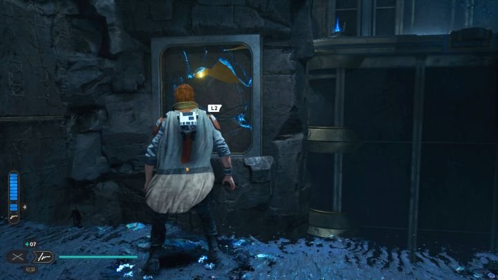 Walk across the black bridge and in the place from the screenshot, use Force Pull to break away a part of the wall - Jedi Survivor: Chamber of Reason on Koboh - Puzzles - Star Wars Jedi Survivor guide