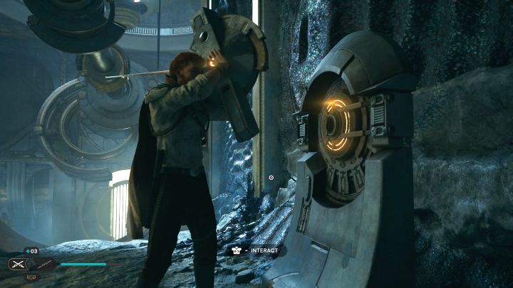 At the top, use Force pull to grab the new mechanism with a rope and place it in the slot shown in the screenshot - Jedi Survivor: Chamber of Duality on Koboh - Puzzles - Star Wars Jedi Survivor guide