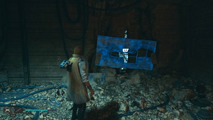 In the basement you will meet a T-1N8 droid (you can recruit him to the cantina) - Jedi Survivor: Reaching the Caves of PhonQi on Koboh - Puzzles - Star Wars Jedi Survivor guide