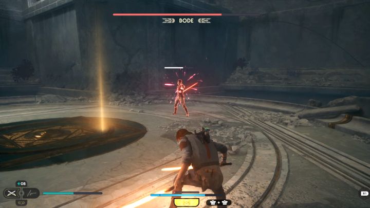 Block or deflect standard blaster shots, but watch out, as Bode sometimes fires a red shot - Jedi Survivor: How to defeat the final boss - Bode Akuna? - Bosses - Star Wars Jedi Survivor guide