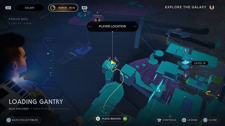 Go to the opposite end of the platform you are standing on and use a grappling hook to get to the wall - Jedi Survivor: Loading Gantry - list of secrets - Koboh - Star Wars Jedi Survivor guide