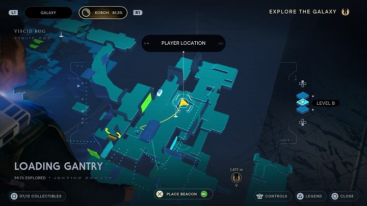 Head towards the meditation point and jump down - under the sloping passage to the top you will find a Priorite shard - Jedi Survivor: Loading Gantry - list of secrets - Koboh - Star Wars Jedi Survivor guide