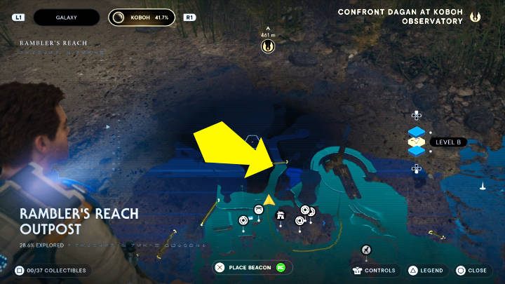 After landing on Koboh, open the map and follow the path marked in the picture above - Star Wars Jedi Survivor: Confront Dagan at the Koboh Observatory - Walkthorugh - Star Wars Jedi Survivor guide