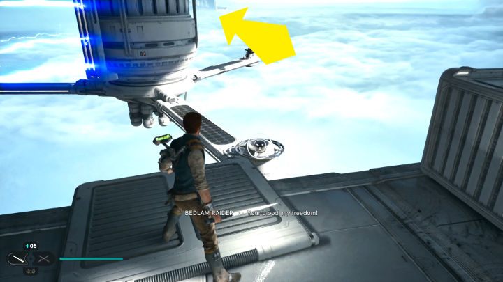 Jumping between the launchers on the arms of the rotating propeller, go around the obstacle from the right side - Star Wars Jedi Survivor: Confront Dagan at the Koboh Observatory - Walkthorugh - Star Wars Jedi Survivor guide