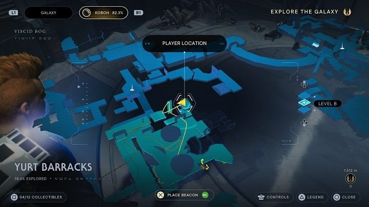 Turn toward the wall you've been climbing and you'll spot a platform opposite to it - Jedi Survivor: Yurt Barracks - list of secrets - Koboh - Star Wars Jedi Survivor guide