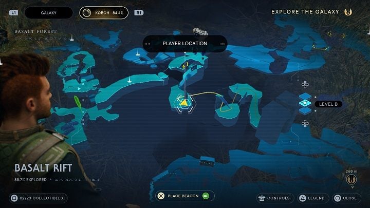 After collecting Treasure #1 get back to the zipline you've encountered and ride it - Jedi Survivor: Basalt Rift - list of secrets - Koboh - Star Wars Jedi Survivor guide