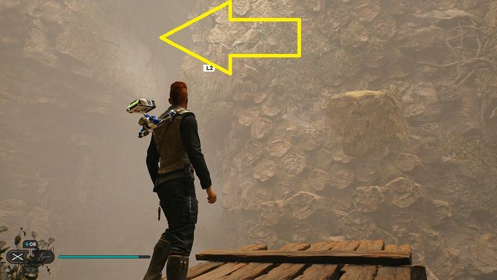 Left from the cave exit is a platform - from it, you can slide the first stone block out of the wall - Jedi Survivor: Basalt Rift - list of secrets - Koboh - Star Wars Jedi Survivor guide