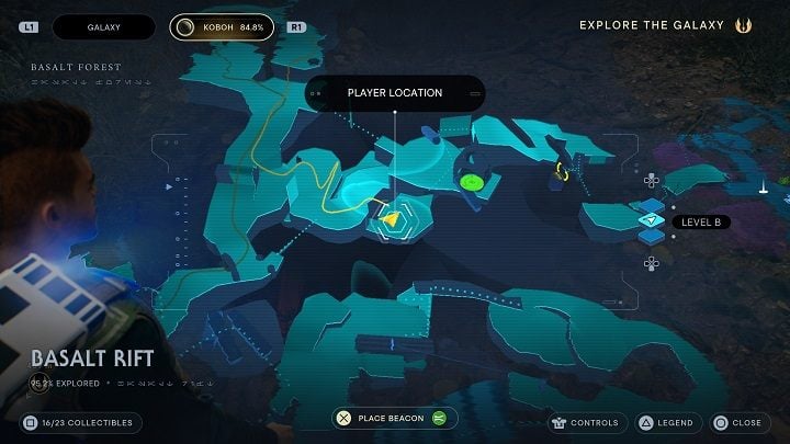 From Chest #4 and Databank #6 locations, descend even more - Jedi Survivor: Basalt Rift - list of secrets - Koboh - Star Wars Jedi Survivor guide