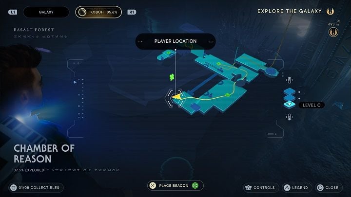 Turn right and head all the way to the end and jump to the platform below - Jedi Survivor: Chamber of Reason - list of secrets - Koboh - Star Wars Jedi Survivor guide