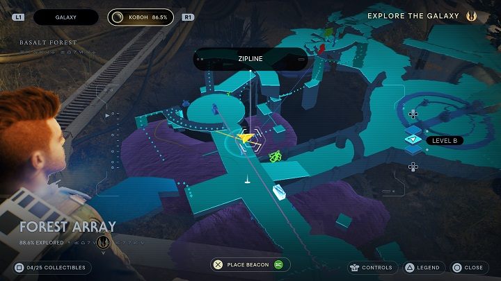 Return to the meditation point and head towards the protruding element on the other side - the treasure's at the bottom - Jedi Survivor: Forest Array - list of secrets - Koboh - Star Wars Jedi Survivor guide