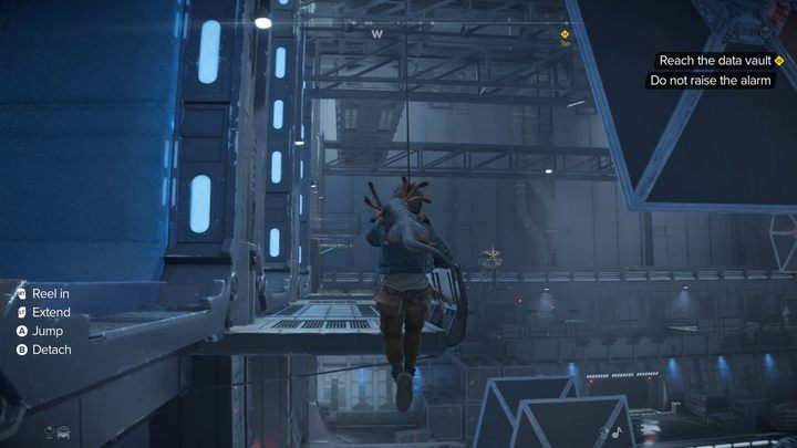 When you reach the large hangar where the TIE Fighters are serviced, you'll notice that the data vault is on the other side of the room - Star Wars Outlaws: False Flag - walkthrough - Toshara - Star Wars Outlaws Guide