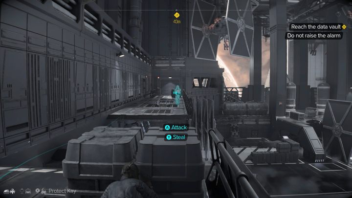 You'll only encounter two guards (a droid and a stormtrooper) on this route, and the platforming sections are fairly easy - Star Wars Outlaws: False Flag - walkthrough - Toshara - Star Wars Outlaws Guide