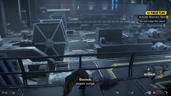 To help Bosnok escape, activate the cart in the center of the hangar - Star Wars Outlaws: False Flag - walkthrough - Toshara - Star Wars Outlaws Guide