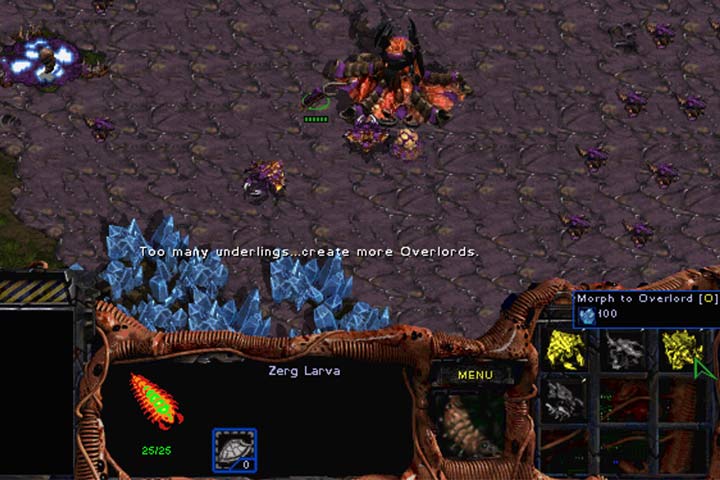 The zerg mutate their Larvae into other units instead of producing them in, for example, Barracks. This is why its a good idea to build more Hatcheries. Overlords provide control over an increasingly bigger population. - Mission 1 - Among the Ruins | Zerg | Campaign Walkthrough - Zerg - StarCraft: Remastered Game Guide
