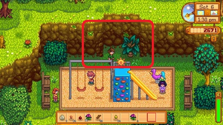 On the 28th day of each season of the year, touch the bush behind the climbing wall! - Puzzles, secrets, collectibles and missions | Quick start - Quick start - Stardew Valley Game Guide