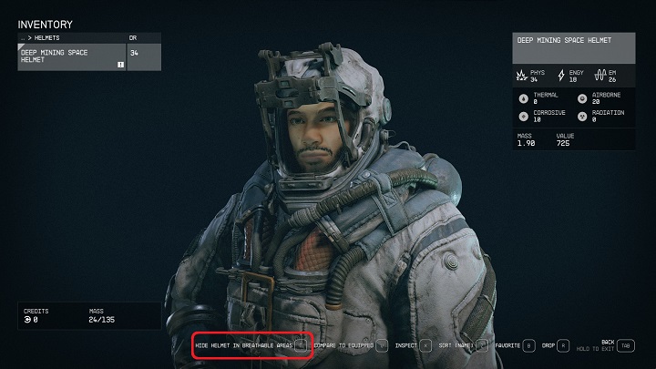 Helmet preview in Starfield. - How to turn off helmet visibility in Starfield? - Starfield: Equipment - Starfield Guide