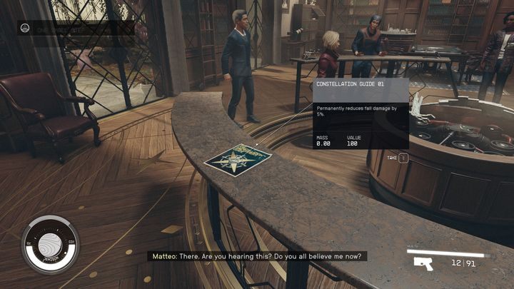 You should pick up an item while listening to your companions at the Lodge, this being the Constellation Guide 01 - Starfield: One Small Step - walkthrough - Starfield: Main missions - Starfield Guide