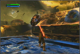 Lift up (R1) the big shining platform and jump on her - Mission 02: Raxus Prime - part 2 - Walkthrough - Star Wars: The Force Unleashed - Game Guide and Walkthrough