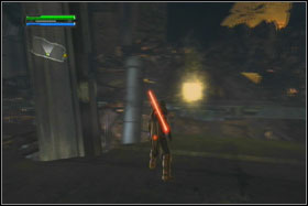 To obtain two another crystals, grab with the Force hull of the AT-ST and place him in such way to be able jump with his help on one of the side ramps - Mission 02: Raxus Prime - part 3 - Walkthrough - Star Wars: The Force Unleashed - Game Guide and Walkthrough