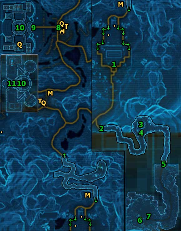 After leaving the Ruined Acropolis [1] head for the cave in the south (Forge Entrance) in [2] - (L08) The Forge - Jedi Consular - Star Wars: The Old Republic Game Guide