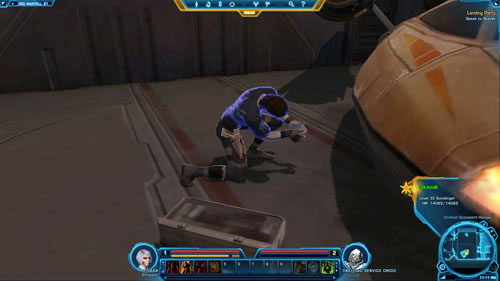 Exit the hangar through the door in [2] - (L02) Landing Party - Smuggler - Star Wars: The Old Republic Game Guide