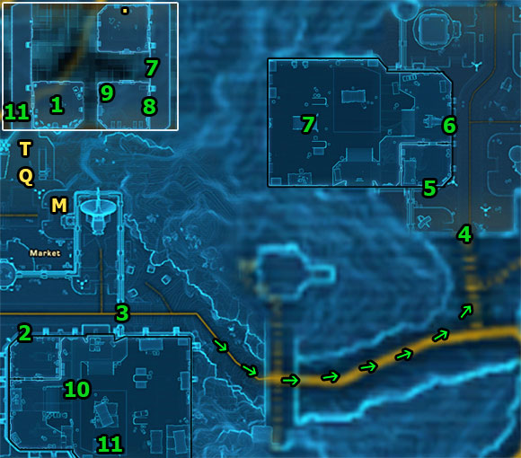 You begin the mission in [1], in the Rendia Freight warehouse - (L05) Hungry for Information - Smuggler - Star Wars: The Old Republic Game Guide