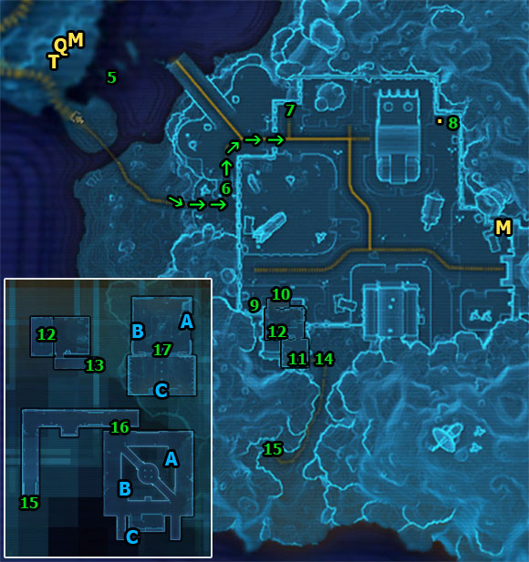 Then go to [6] - cross the water and the beach to get to the stairs leading to the town (have a look at the picture below) - (L07) Security Breach - Smuggler - Star Wars: The Old Republic Game Guide