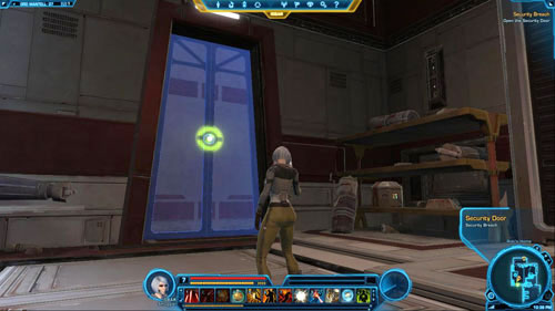 Go down to the basement using the stairs in [12], go through and then go up the second stairs in [13] - (L07) Security Breach - Smuggler - Star Wars: The Old Republic Game Guide