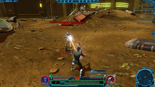 There are also suicide-droids (Faathra Blasting Droid) here, which will run up to you and explode - (L07) Economies of Scale - Imperial Agent - Star Wars: The Old Republic Game Guide