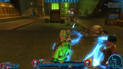 You must destroy three fabrication units - two are on this level, two in the basement (the elevator in [8] can take you there), and two on the second floor (the stairs in [9] lead there) - (L07) [HEROIC +2] Factory Recall - Hutta - Star Wars: The Old Republic Game Guide