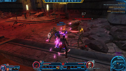 Only when you are absolutely sure theres no one else in the room but Lord Sundar [*] and his six helpers, use boosting abilities and quickly kill two Mind-Controlled Engineers [+] in [9] - (L08) [HEROIC 2] Armed and Dangerous - Korriban - Star Wars: The Old Republic Game Guide