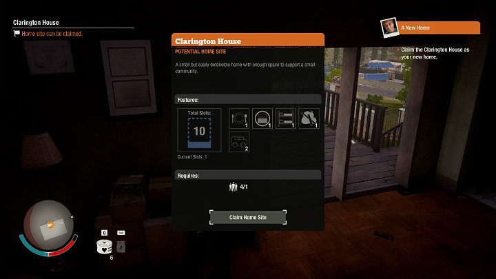 When you clean the area around the house, go to the place marked with a small flag and select the Claim Home Site option - A New Home | Walkthrough of initial missions | State of Decay 2 - Walkthrough of initial missions - State of Decay 2 Game Guide