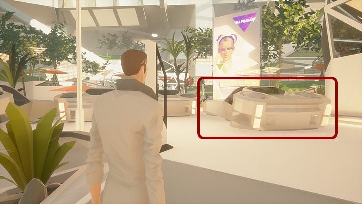 Travel to the parking lot at Adams apartment building (to the left of the entrance) and use one of the hovercrafts to get to the dome where Amy works - Wednesday, City5 Central, Infinity Plaza - Chapter four - State of Mind Game Guide