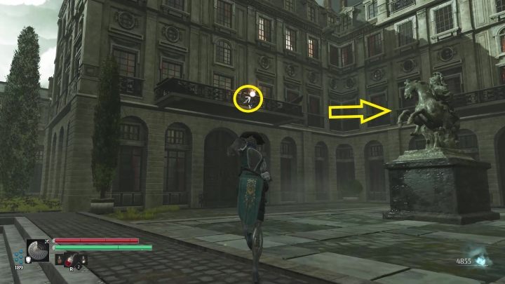 Stand with your back turned to the gate, and you'll see a balcony on the left that you can climb - Steelrising: Sleepless - walkthrough - Side missions - Steelrising Guide, Walkthrough
