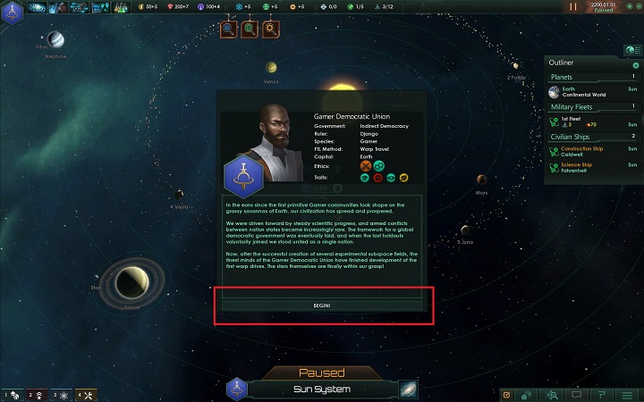 Before you start the game, a detailed profile, based on the faction and parameters that you have chosen, will be displayed on the screen - How to set foundations for the empire in Stellaris? - A good start in Stellaris - Stellaris Guide
