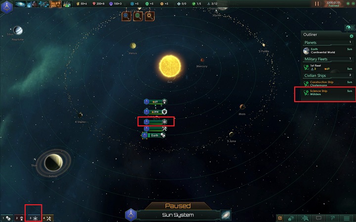 Select the science ship using one of the buttons marked in the above screenshot - How to set foundations for the empire in Stellaris? - A good start in Stellaris - Stellaris Guide